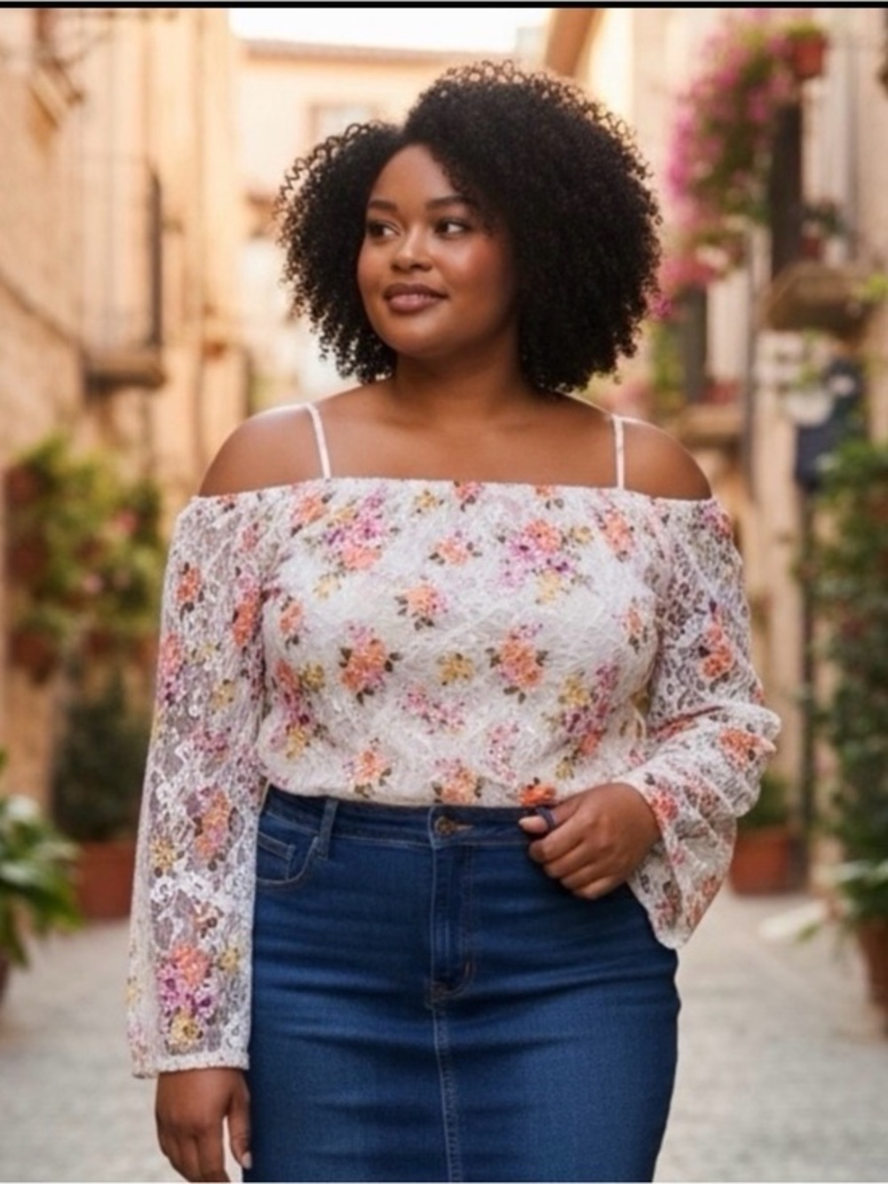 🫶🏻 Deb Floral Off-Shoulder Lace Blouse in White and Pastel Floral